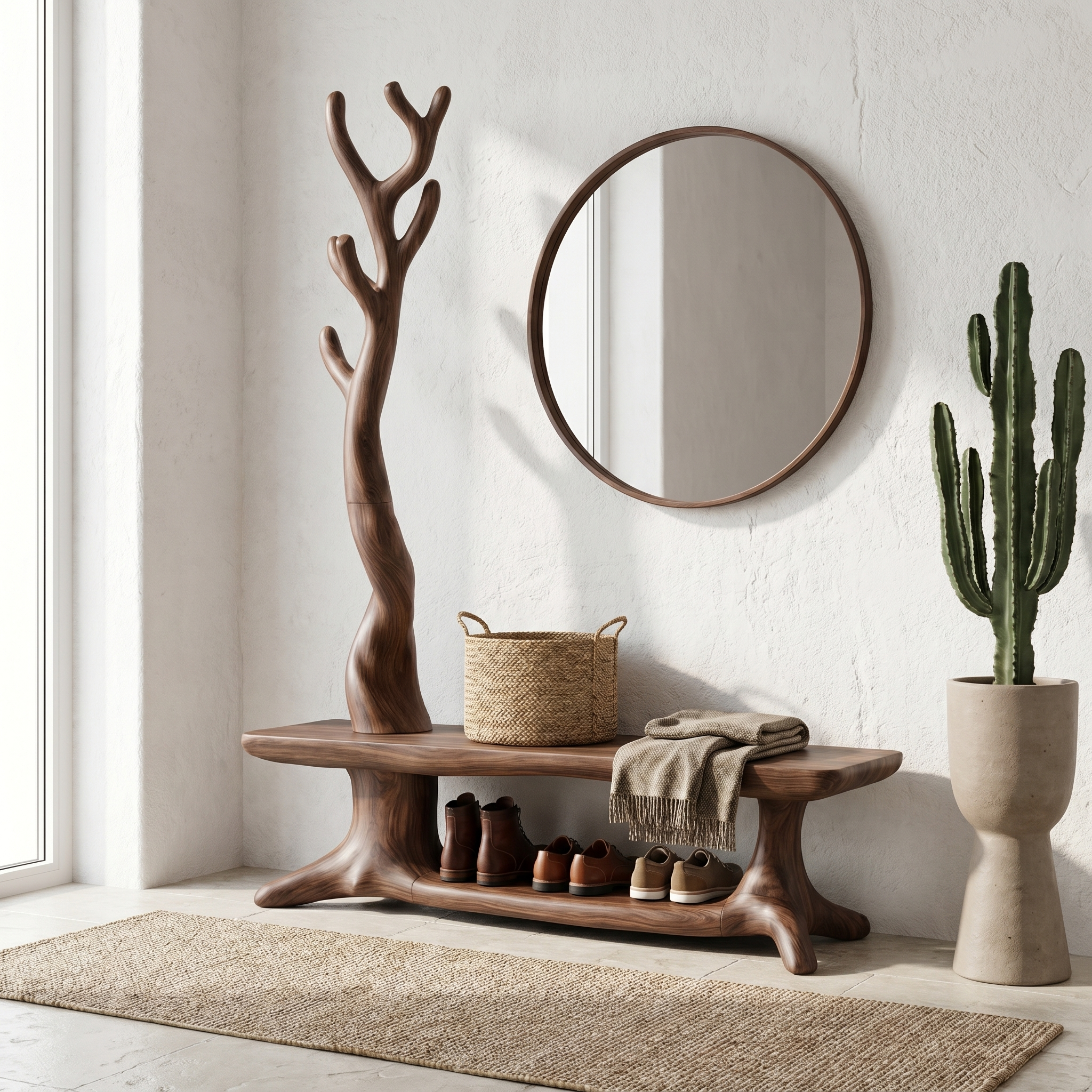 Rustic Shoe Storage Bench With Branch Coat Rack For Entryway