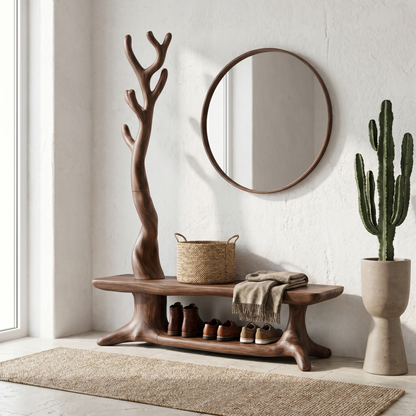 Rustic Shoe Storage Bench With Branch Coat Rack For Entryway