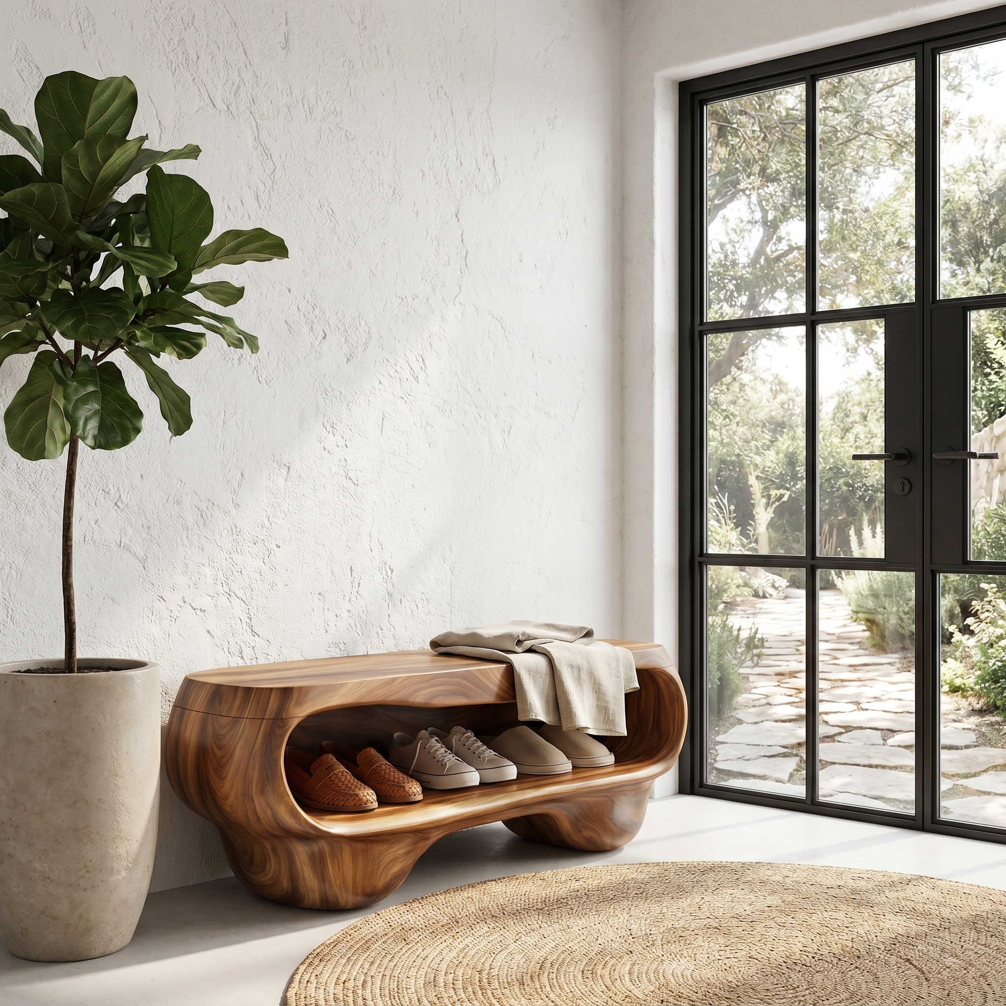 Organic Shoe Bench With Rounded Storage Shelves For Entryway