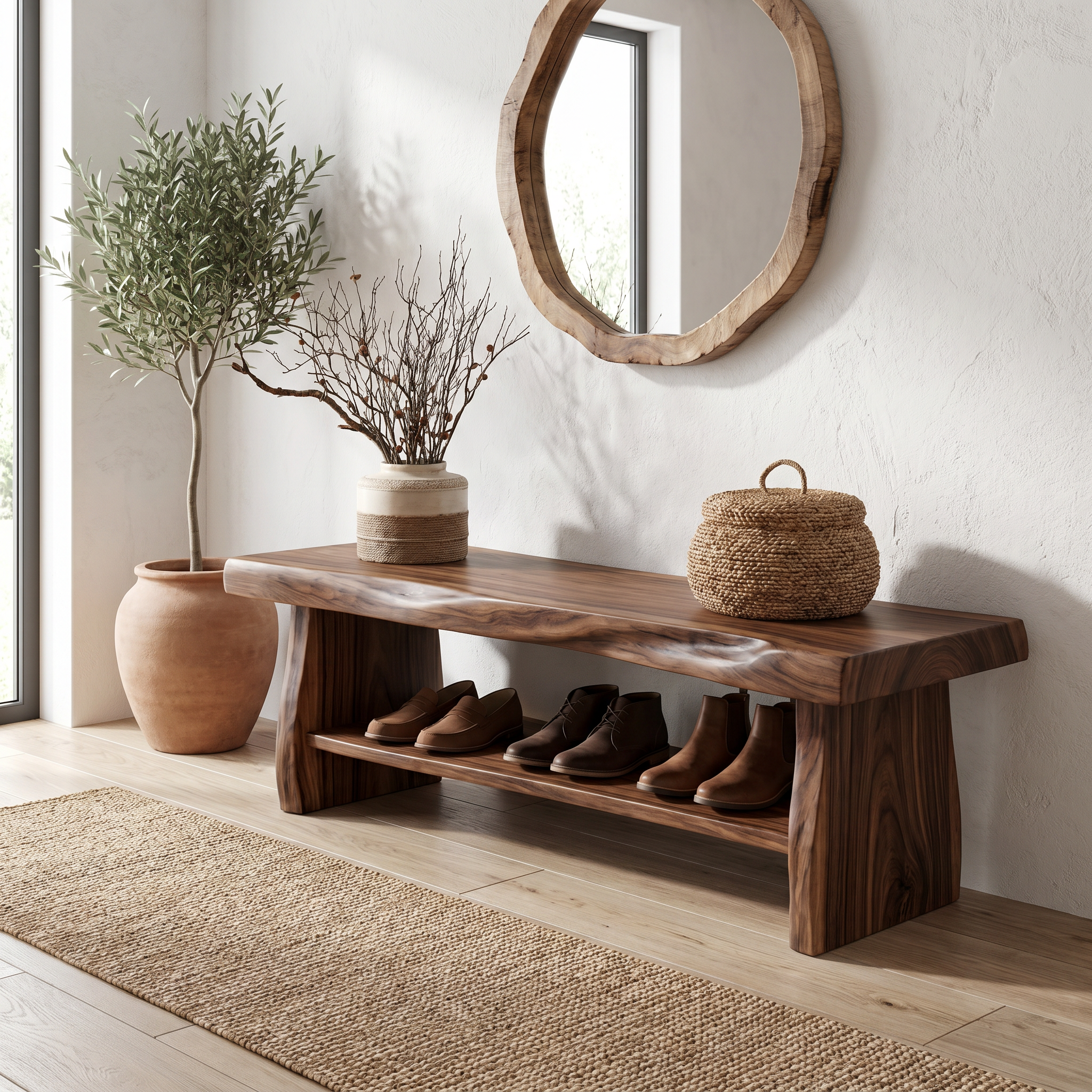Rustic Shoe Bench Natural Wood Storage For Entryway