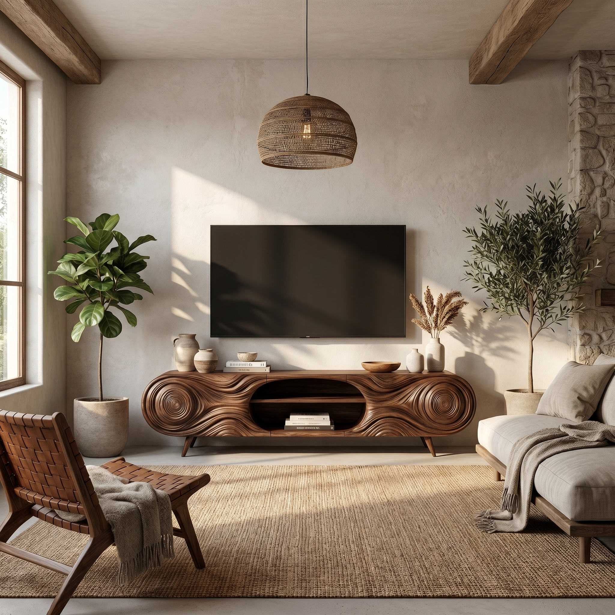 Organic Modern TV Cabinet Sculptural Wood Grain Design For Living Room