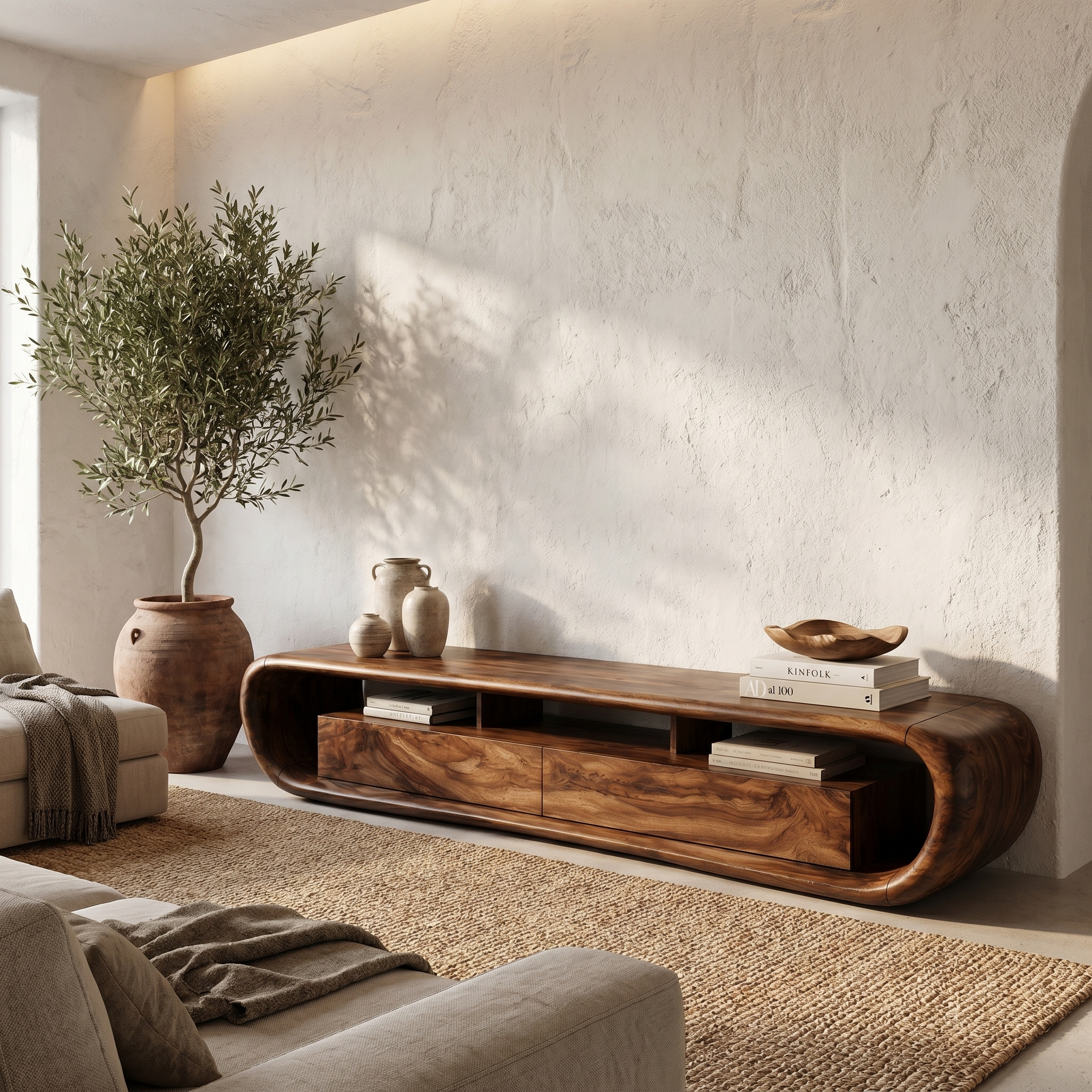 Organic TV Cabinet With Built In Storage And Rounded Curved Edges For Living Room