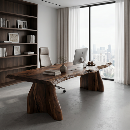 Rustic Live Edge Executive Desk With Sculptural Solid Wood Base For Home Office