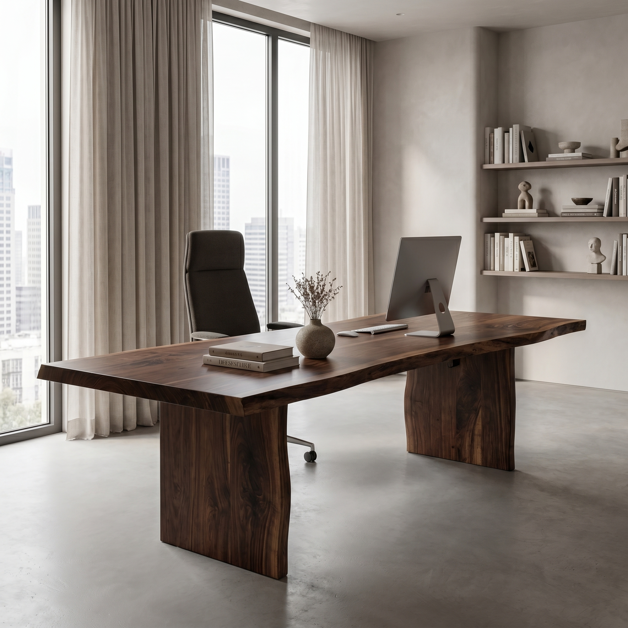 Rustic Live Edge Wooden Desk With Solid Wood Pedestal Base For Home Office