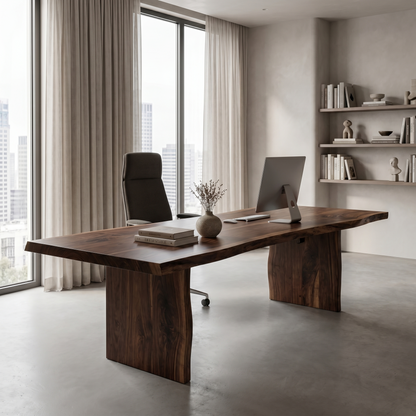 Rustic Live Edge Wooden Desk With Solid Wood Pedestal Base For Home Office