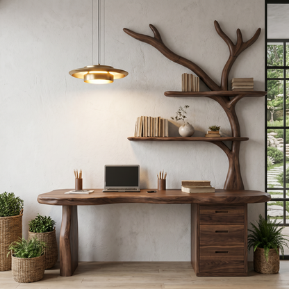 Organic Wooden Desk With Tree Branch Bookshelf And Built In Drawer Storage For Home Office And Workspace