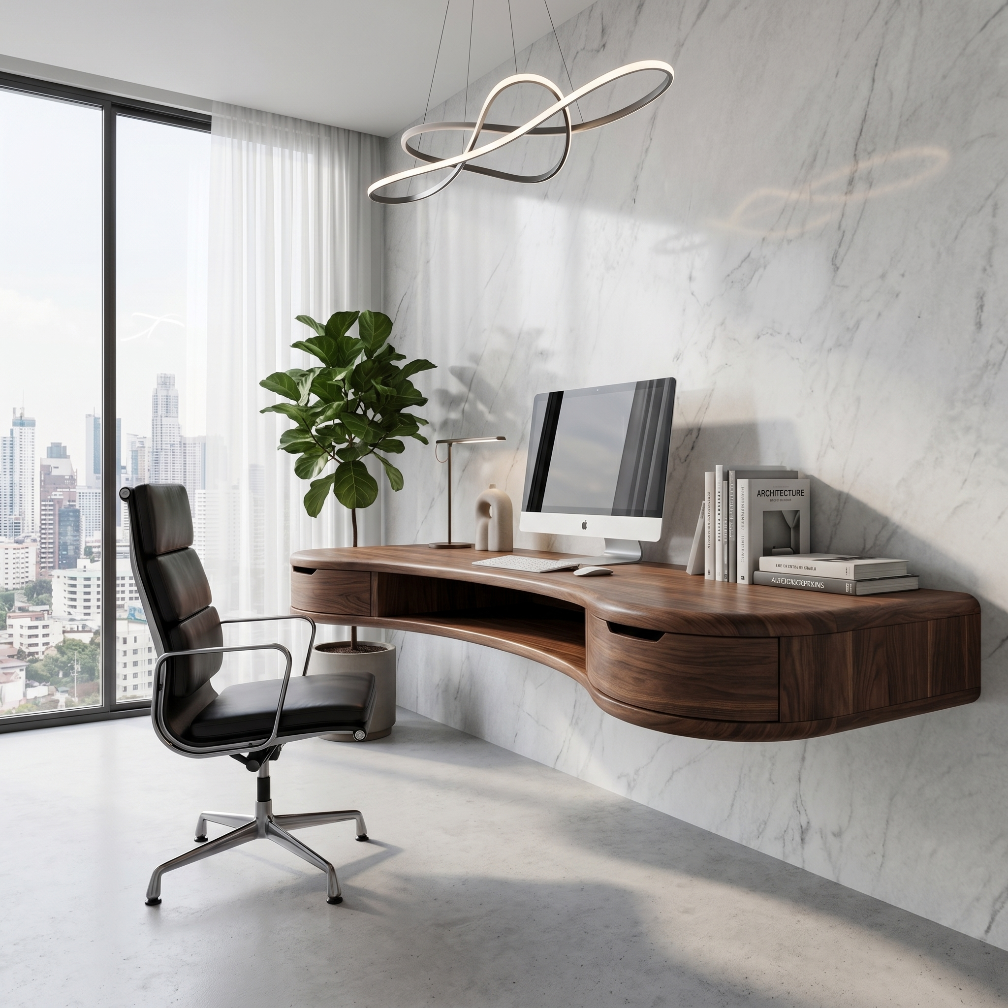 Modern Floating Desk With Built In Drawer Storage And Curved Wood Design For Home Office And Workspace