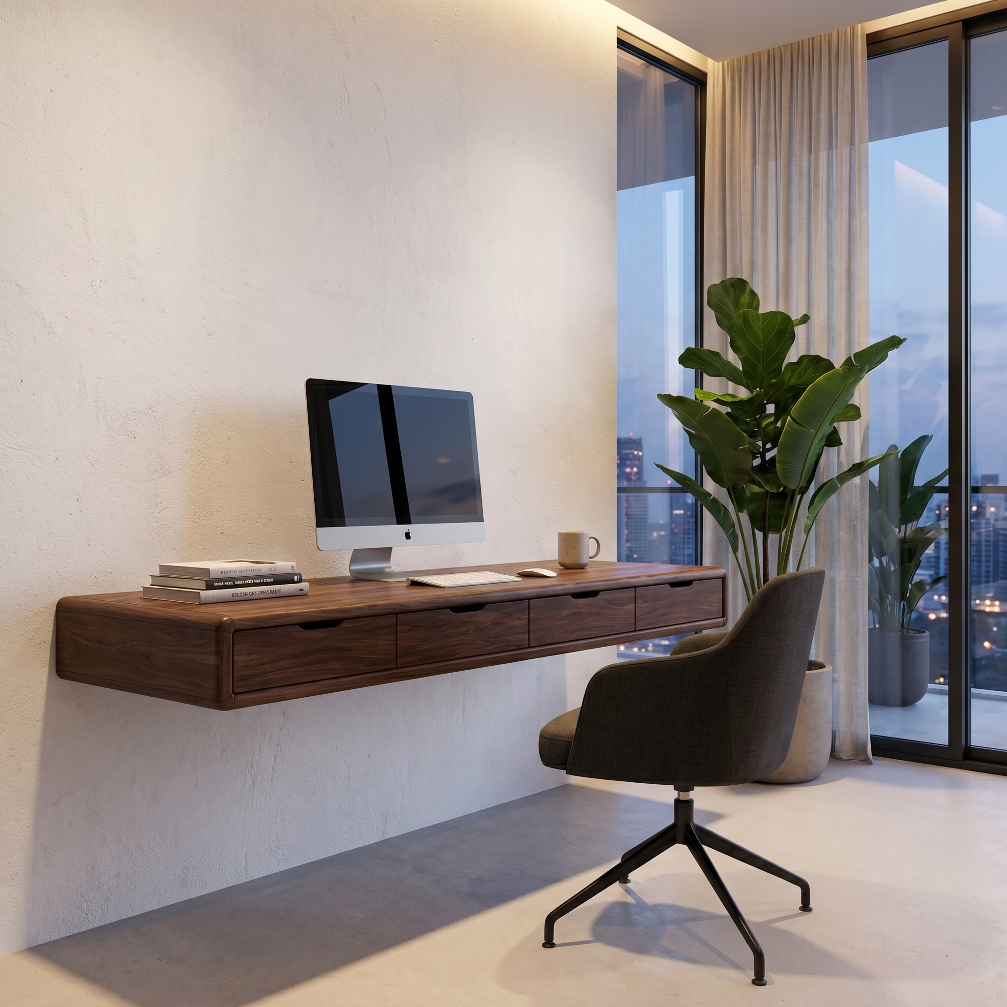 Modern Floating Desk With Built In Drawer Storage And Wall Mounted Shelves For Home Office And Workspace