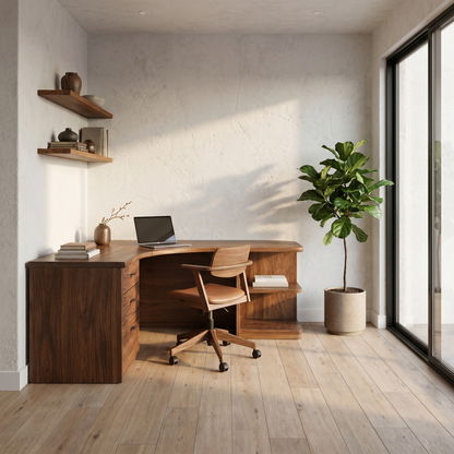Modern Corner Desk With Built In Drawer Storage And Open Shelves For Home Office And Workspace