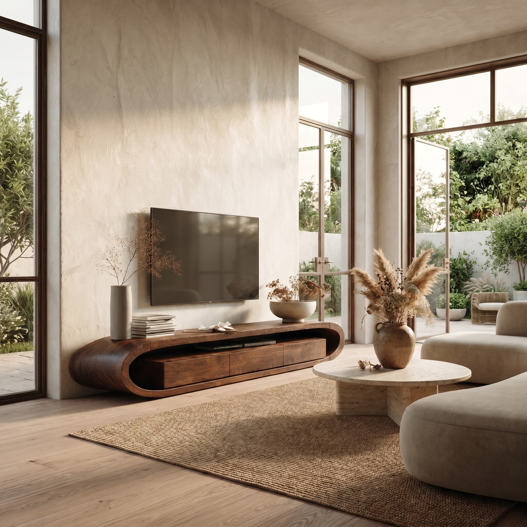 Organic TV Cabinet With Curved Solid Wood Design And Built In Drawer Storage For Living Room