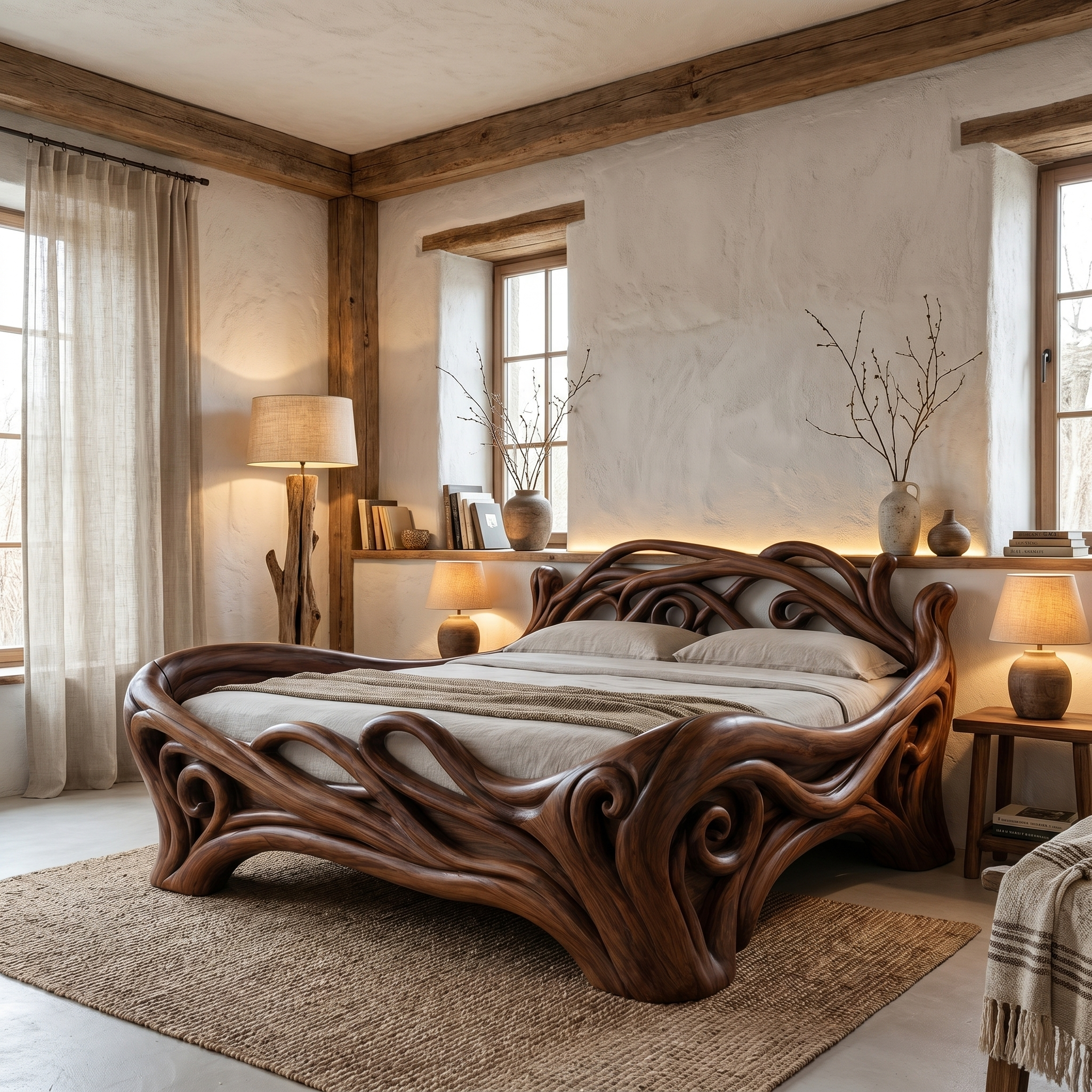 Organic Sculptural Bed Frame With Flowing Root Inspired Wood Design For Bedroom