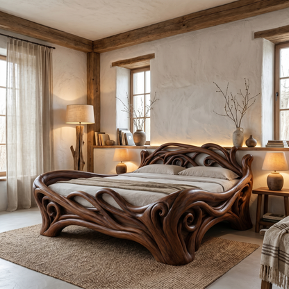Organic Sculptural Bed Frame With Flowing Root Inspired Wood Design For Bedroom