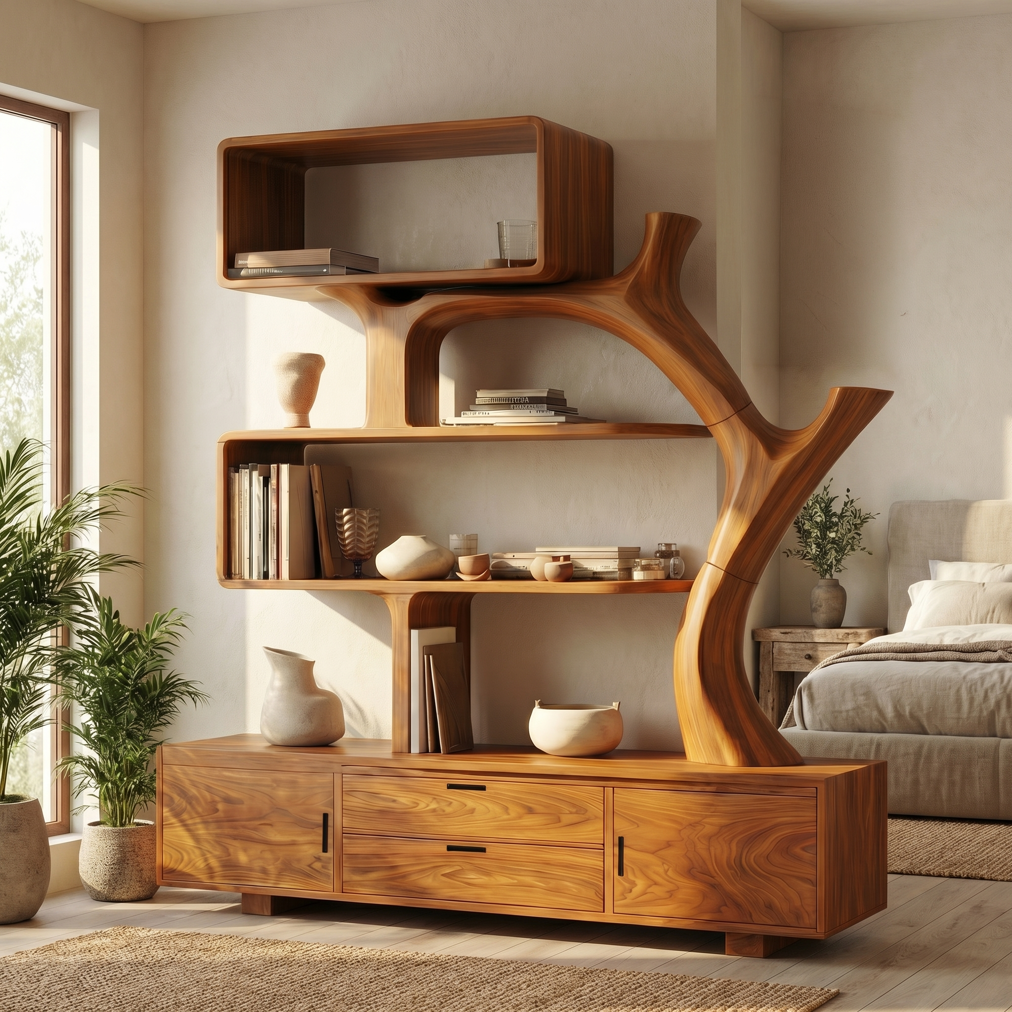 Sculptural Wood Display Shelf With Storage For Living Room