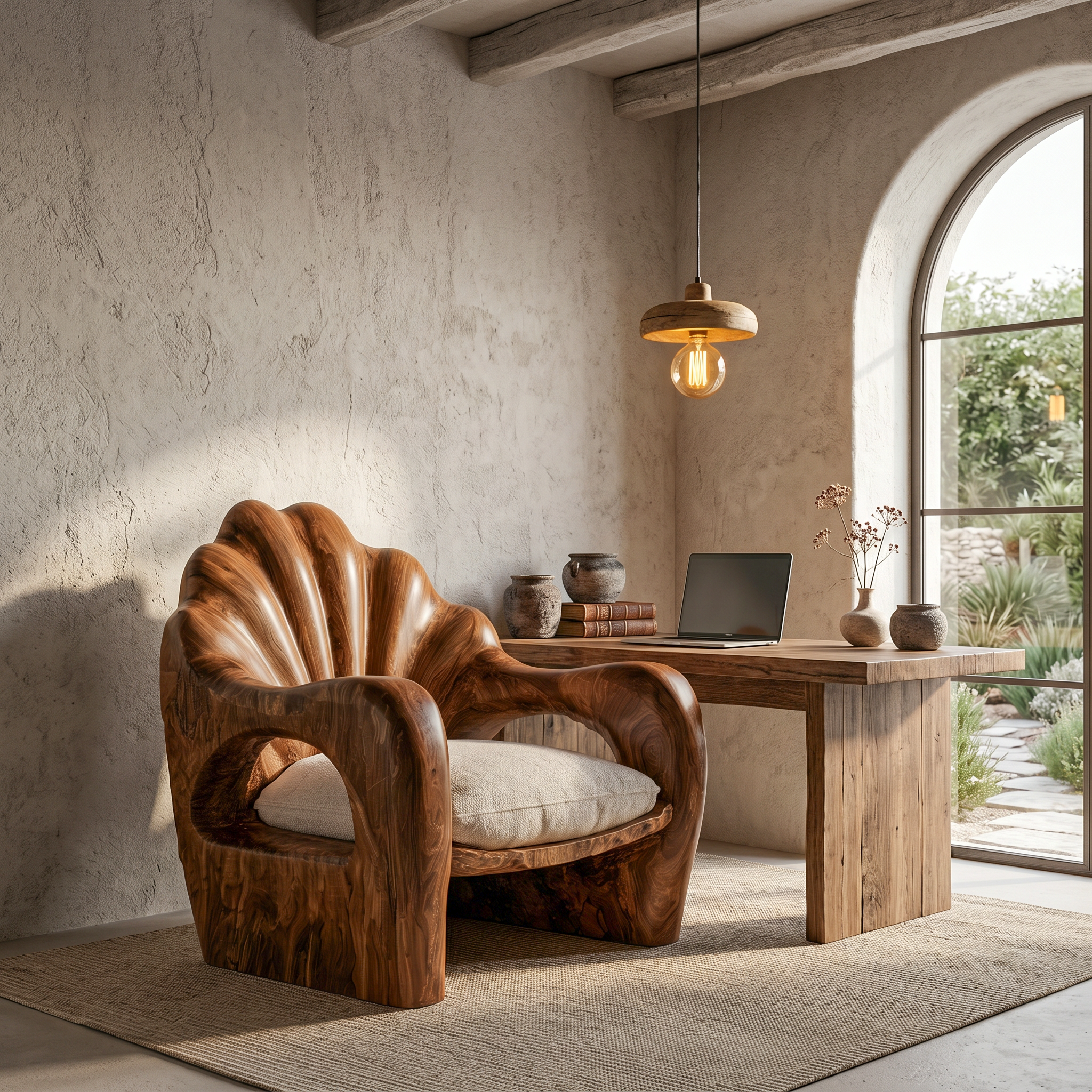 Rustic Armchair With Sculptural Solid Wood Frame For Living Room