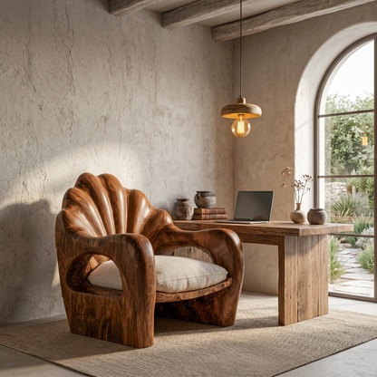 Rustic Armchair With Sculptural Solid Wood Frame For Living Room