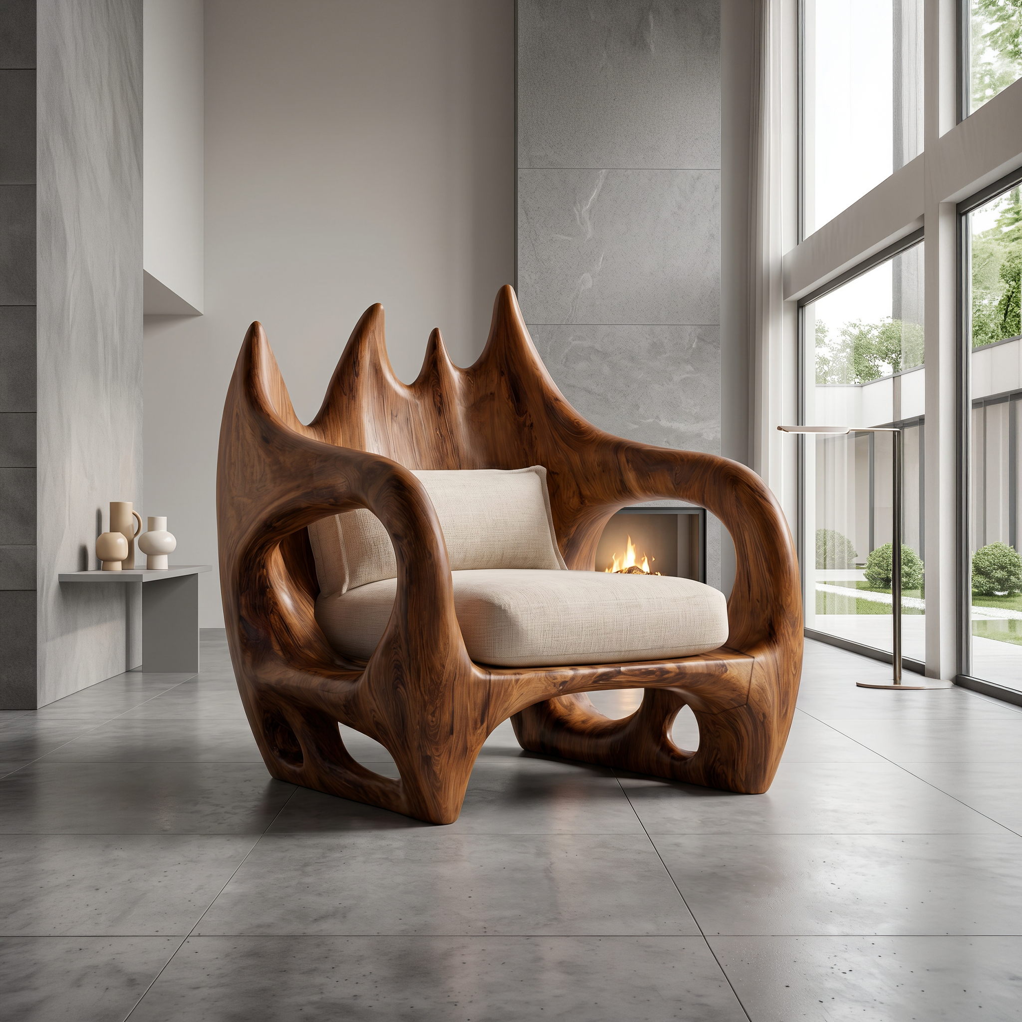 Statement Wooden Armchair With Nature Inspired Design For Reading Nook