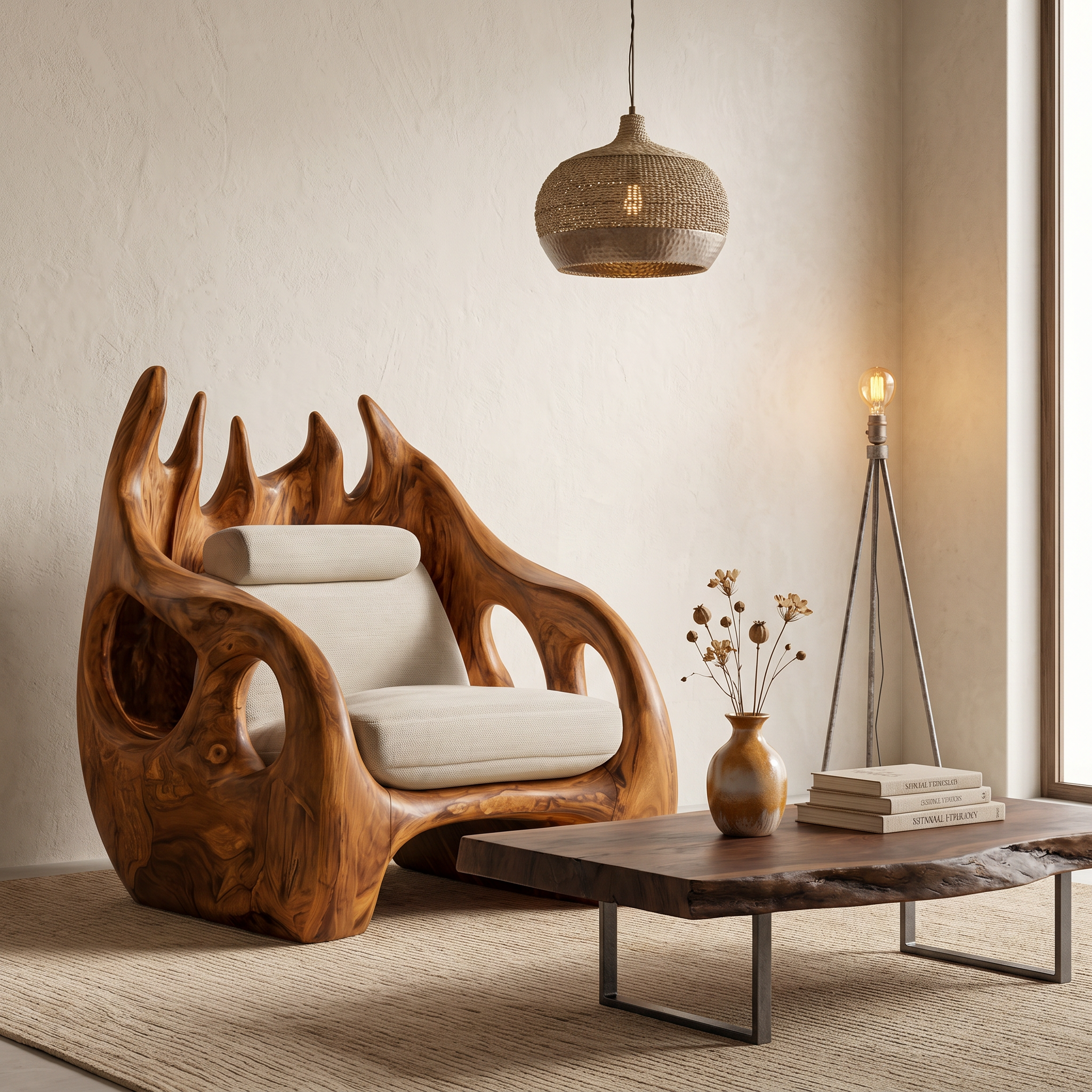 Nature Inspired Armchair With Handcrafted Wooden Structure For Living Room