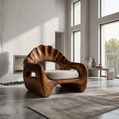 Sculptural Lounge Chair With Handcrafted Wooden Structure For Living Room