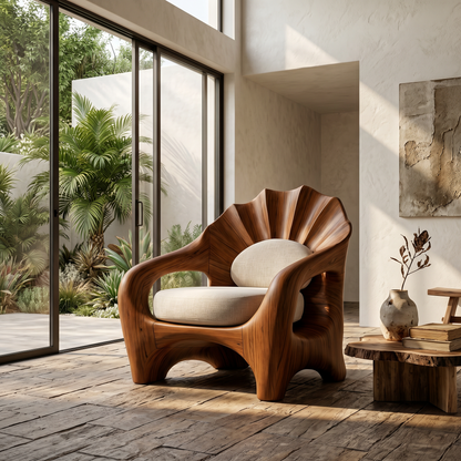 Nature Inspired Armchair With Sculptural Solid Wood Frame For Living Room And Bedroom