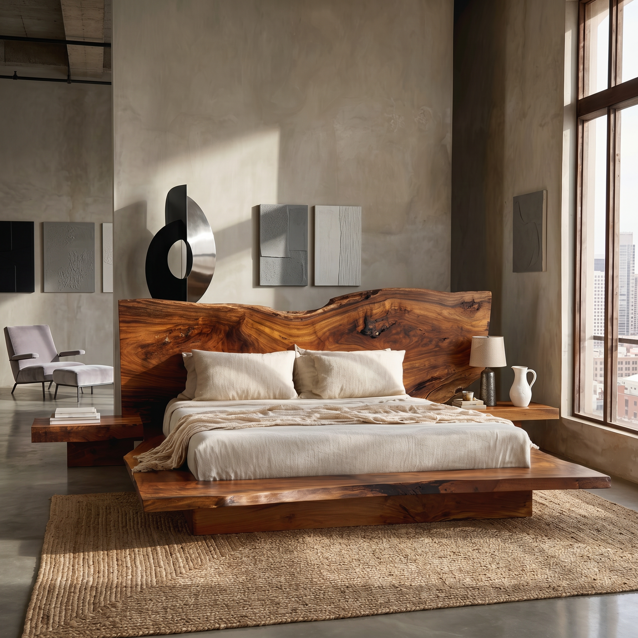 Rustic Live Edge Bed Frame With Sculptural Headboard For Bedroom