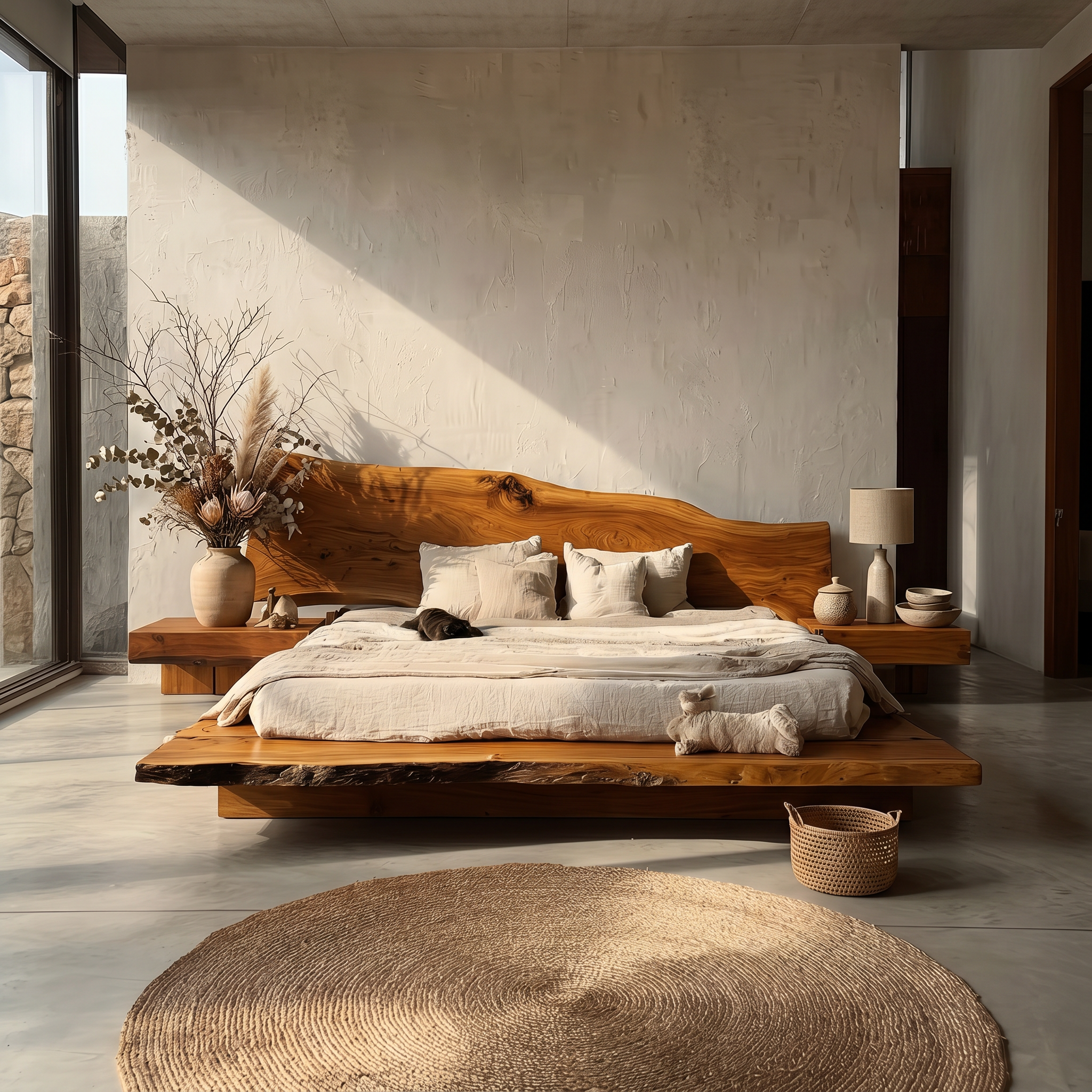 Organic Sculptural Bed Frame With Handcrafted Solid Wood Headboard And Floating Platform Design For Bedroom