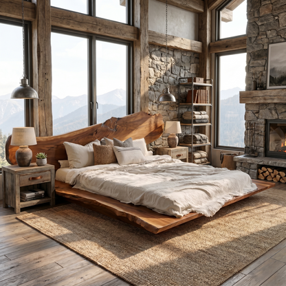 Luxury Organic Bed Frame With Sculptural Solid Wood Headboard And Floating Platform Design For Bedroom