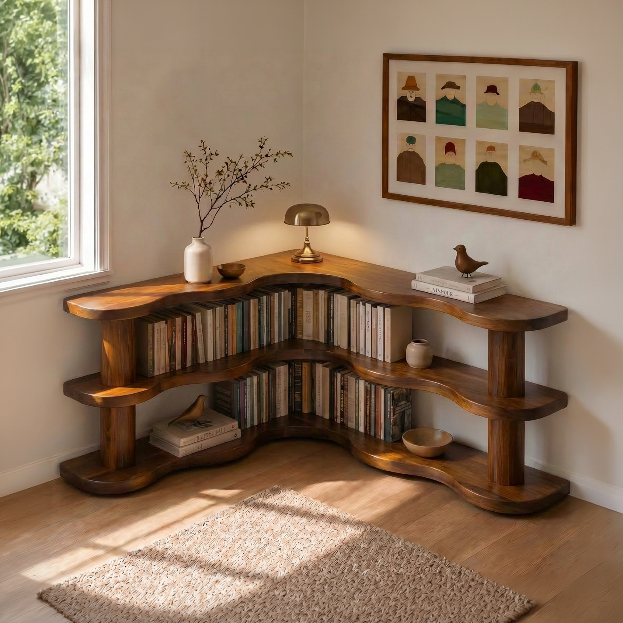 Rustic Modern Corner Bookshelf With Multi Tier Wooden Shelves For Living Room And Bedroom