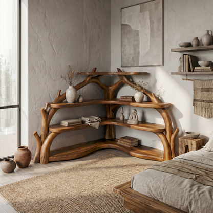 Sculptural Corner Bookcase With Natural Branch Design For Living Room