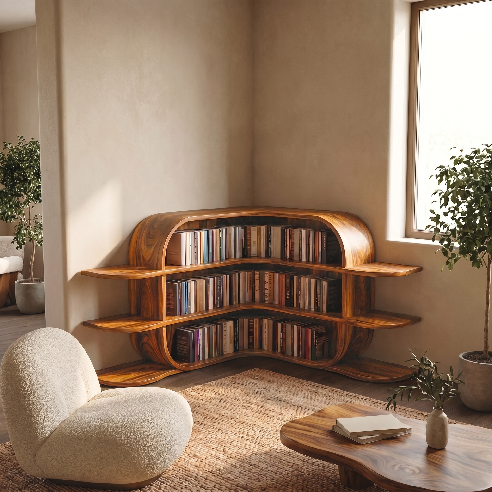 Scandinavian Arched Corner Bookshelf With Multi Tier Open Shelves For Living Room And Bedroom