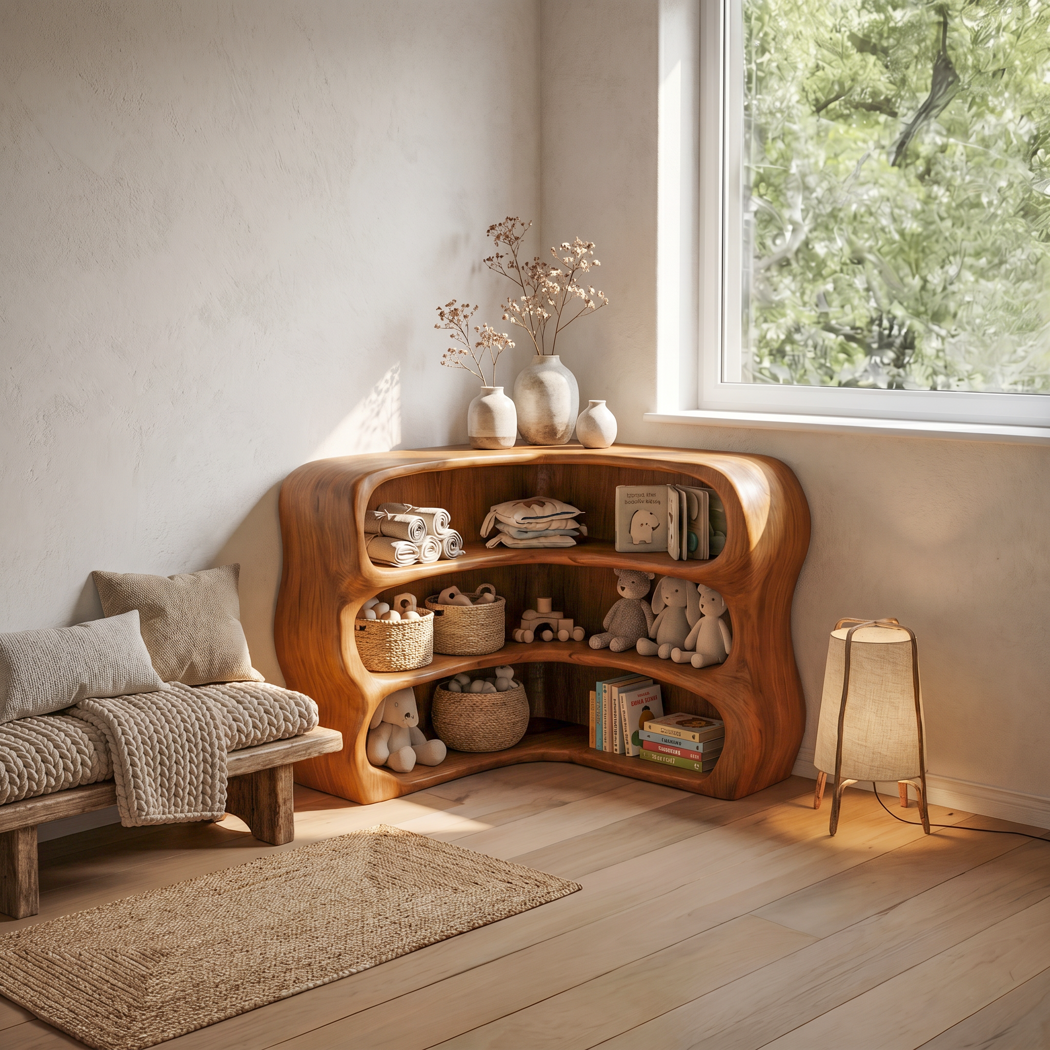 Modern Curved Bookshelf With Sculptural Open Shelves For Living Room And Bedroom