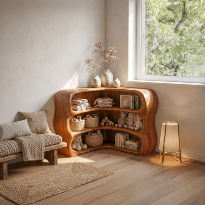 Modern Curved Bookshelf With Sculptural Open Shelves For Living Room And Bedroom