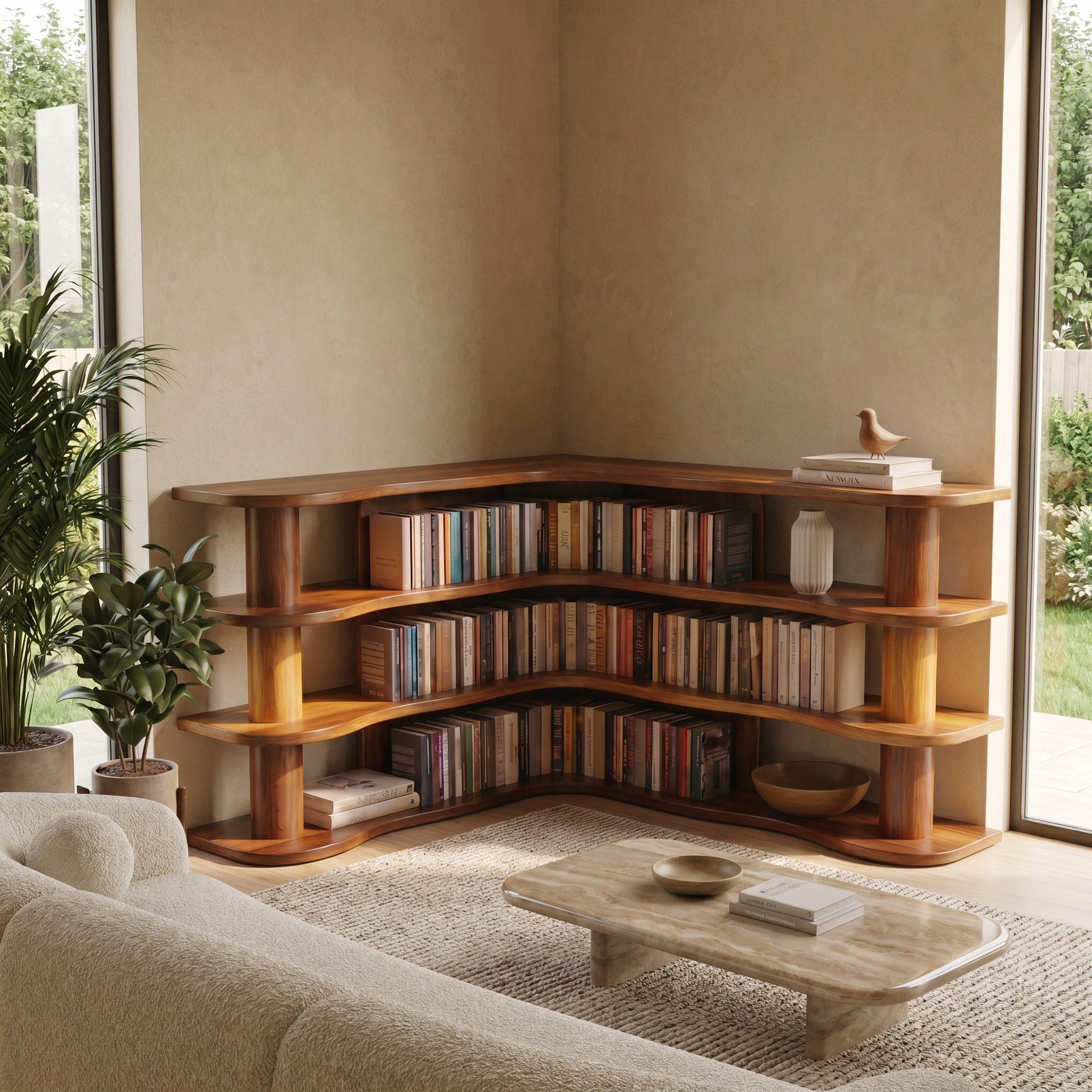 Scandinavian Corner Bookshelf With Rounded Multi Tier Wooden Shelves For Living Room And Bedroom