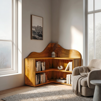 Organic Corner Bookshelf With Sculptural Curved Shelves And Open Storage For Living Room And Bedroom