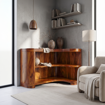 Modern Organic Corner Bookshelf With Solid Wood Open Shelves And Curved Design For Living Room And Bedroom