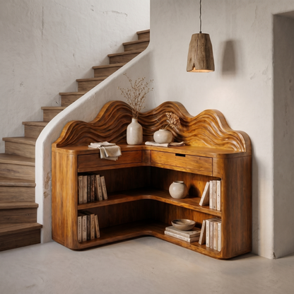 Scandinavian Wave Top Corner Bookshelf With Multi Tier Open Shelves For Living Room And Bedroom