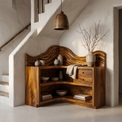 Rustic Corner Bookshelf With Arched Open Shelves And Drawer Storage For Living Room And Bedroom