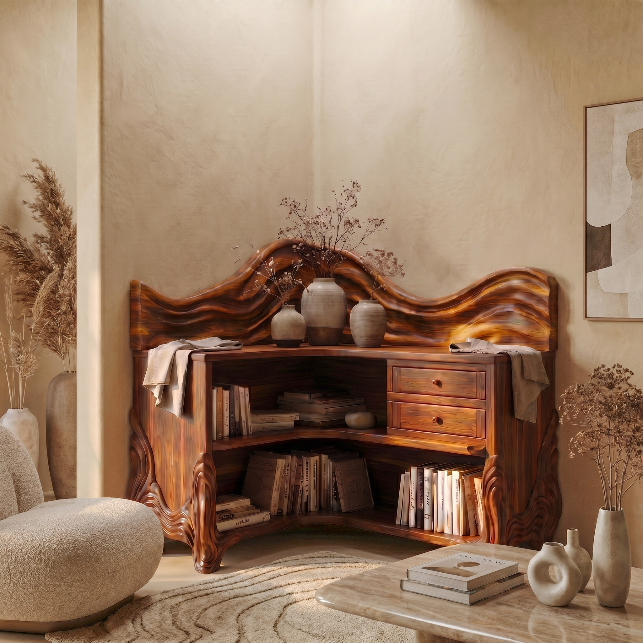 Rustic Wave Top Corner Bookshelf With Sculptural Wooden Shelves And Open Storage For Living Room And Bedroom