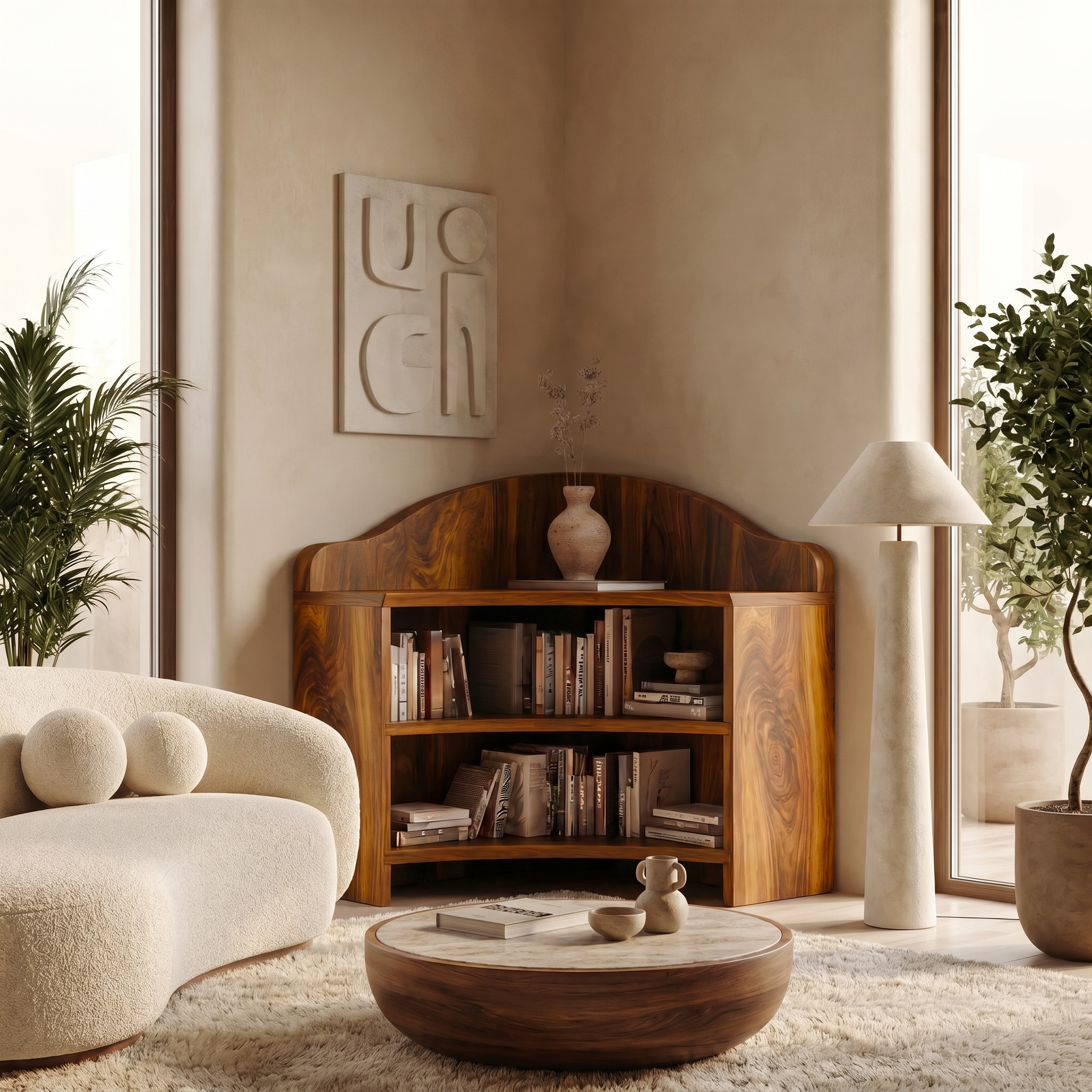 Minimal Corner Bookshelf With Clean Wooden Structure For Living Room