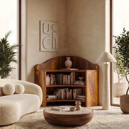 Minimal Corner Bookshelf With Clean Wooden Structure For Living Room