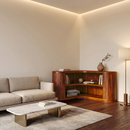 Scandinavian Corner Bookshelf With Simple Wooden Structure For Living Room