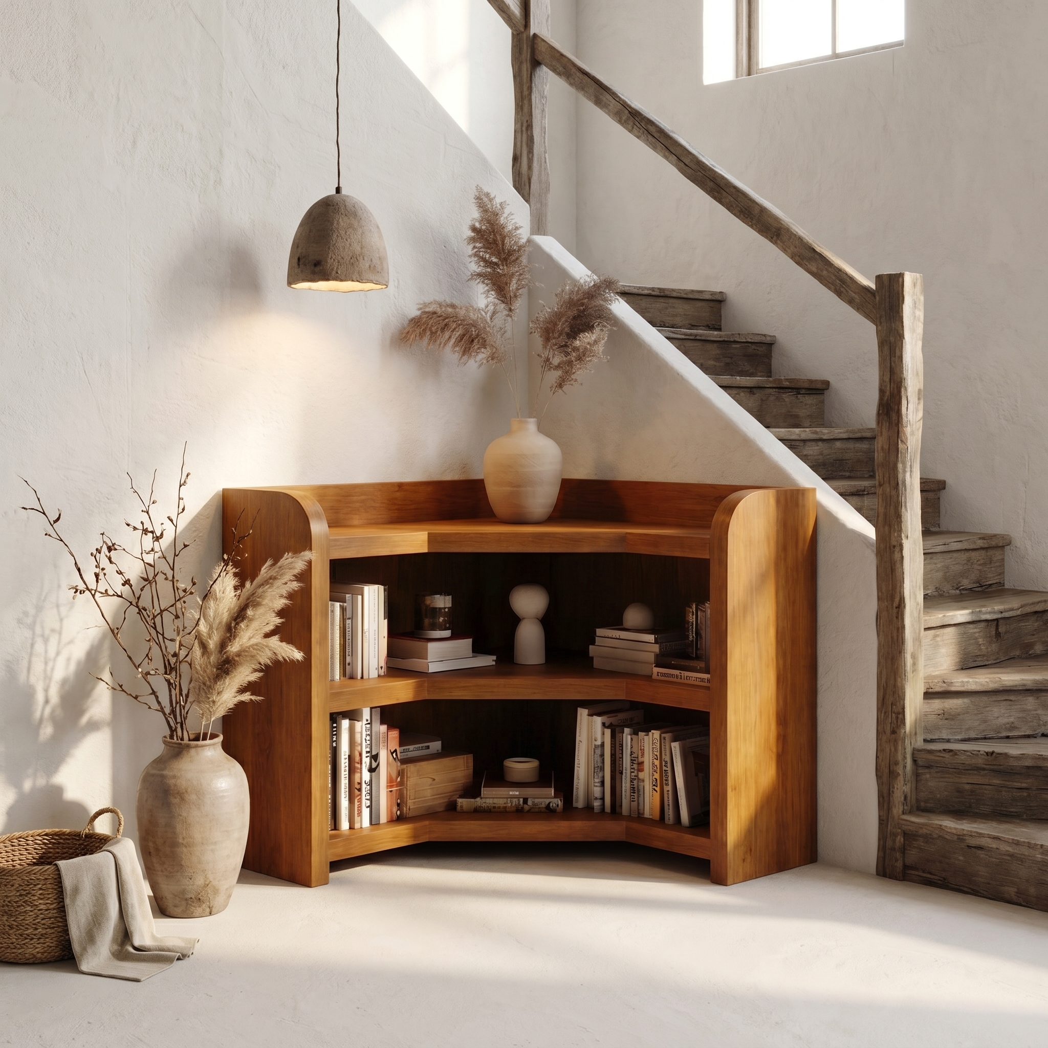 Natural Wooden Bookshelf With Rounded Edges And Open Shelves For Living Room And Bedroom
