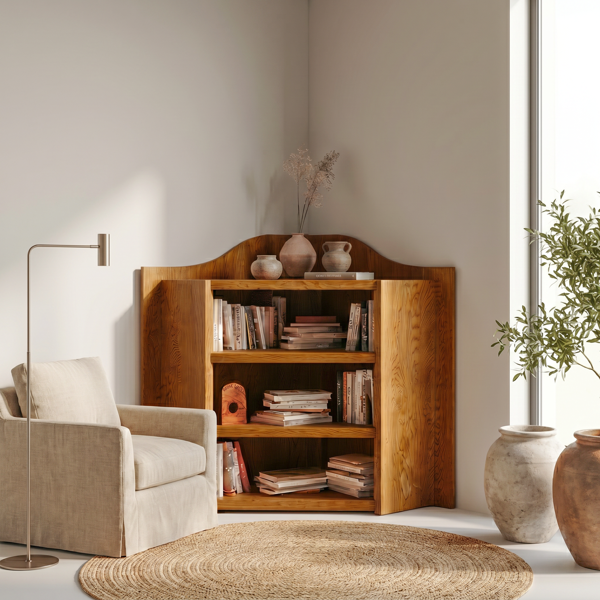 Natural Wooden Bookshelf With Open Shelves And Simple Storage Design For Living Room And Bedroom