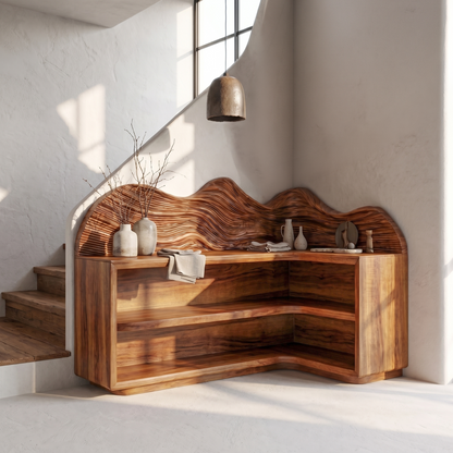 Contemporary Corner Bookcase With Sculptural Wooden Shelves For Living Room