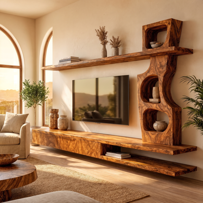 Sculptural TV Cabinet With Tree Inspired Storage Shelves For Living Room