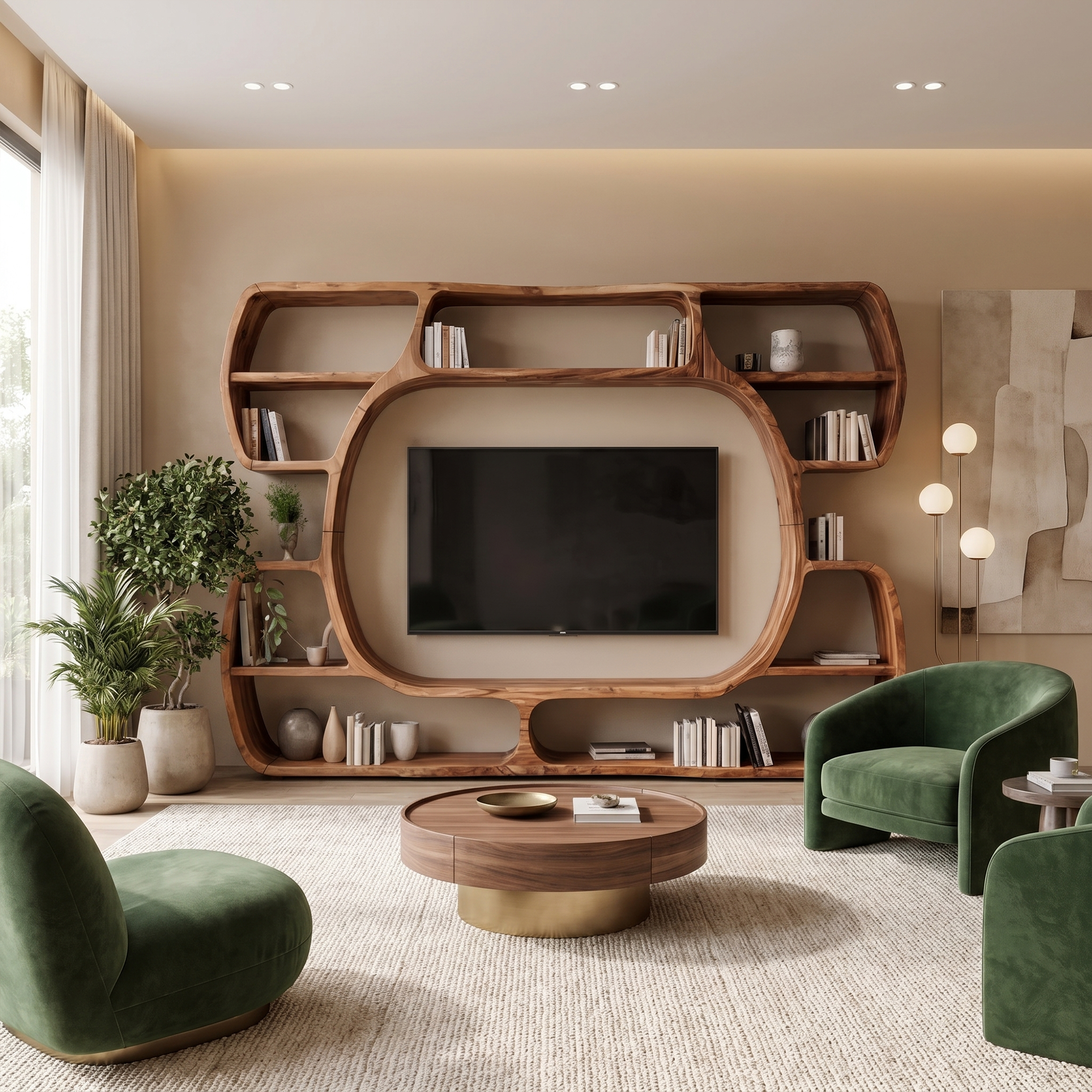 Organic Entertainment Center With Sculptural Surround Shelves For Living Room