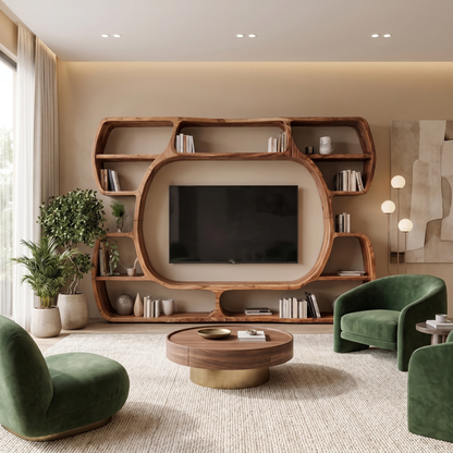 Organic Entertainment Center With Sculptural Surround Shelves For Living Room