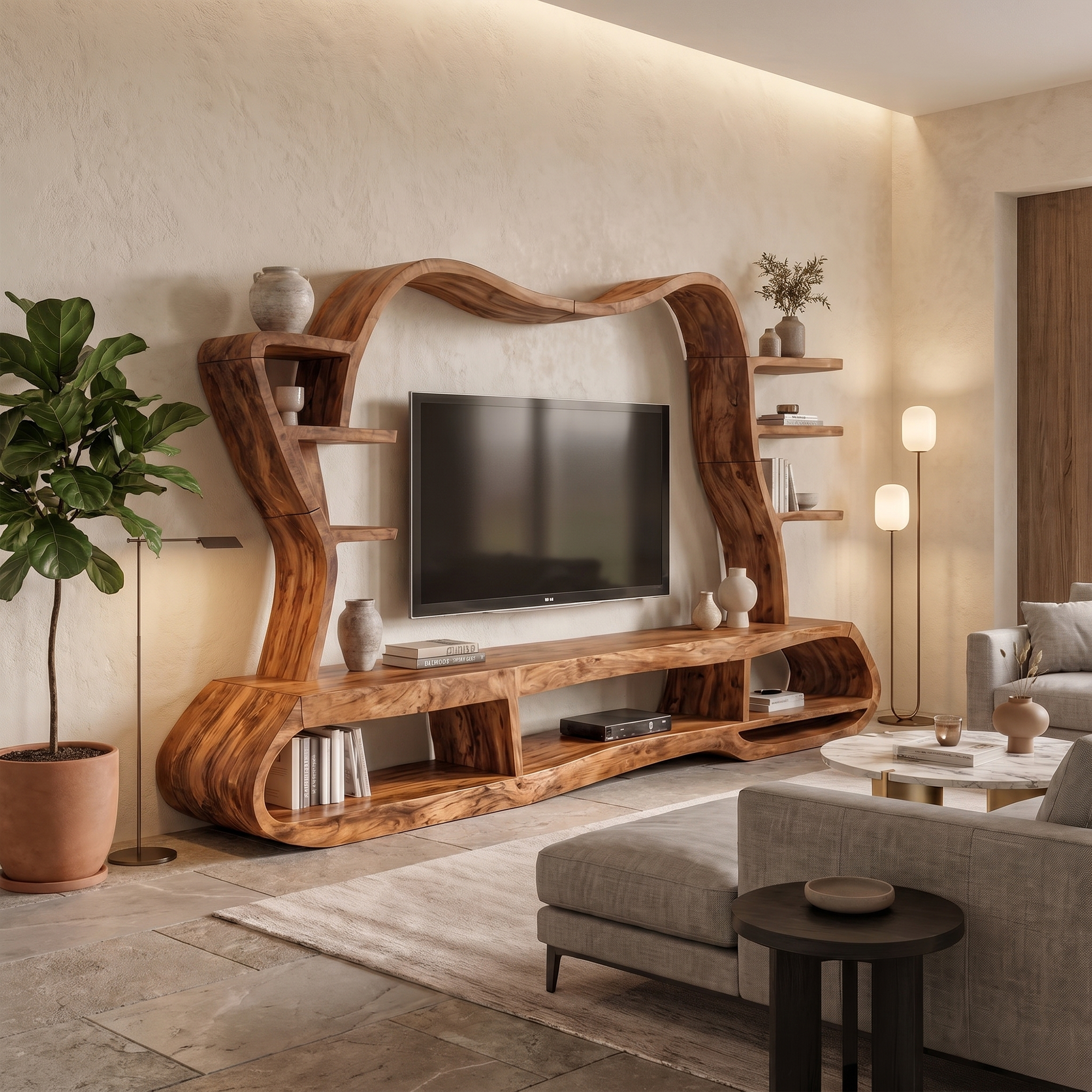 Modern Entertainment Center With Sculptural Curved Shelving For Living Room