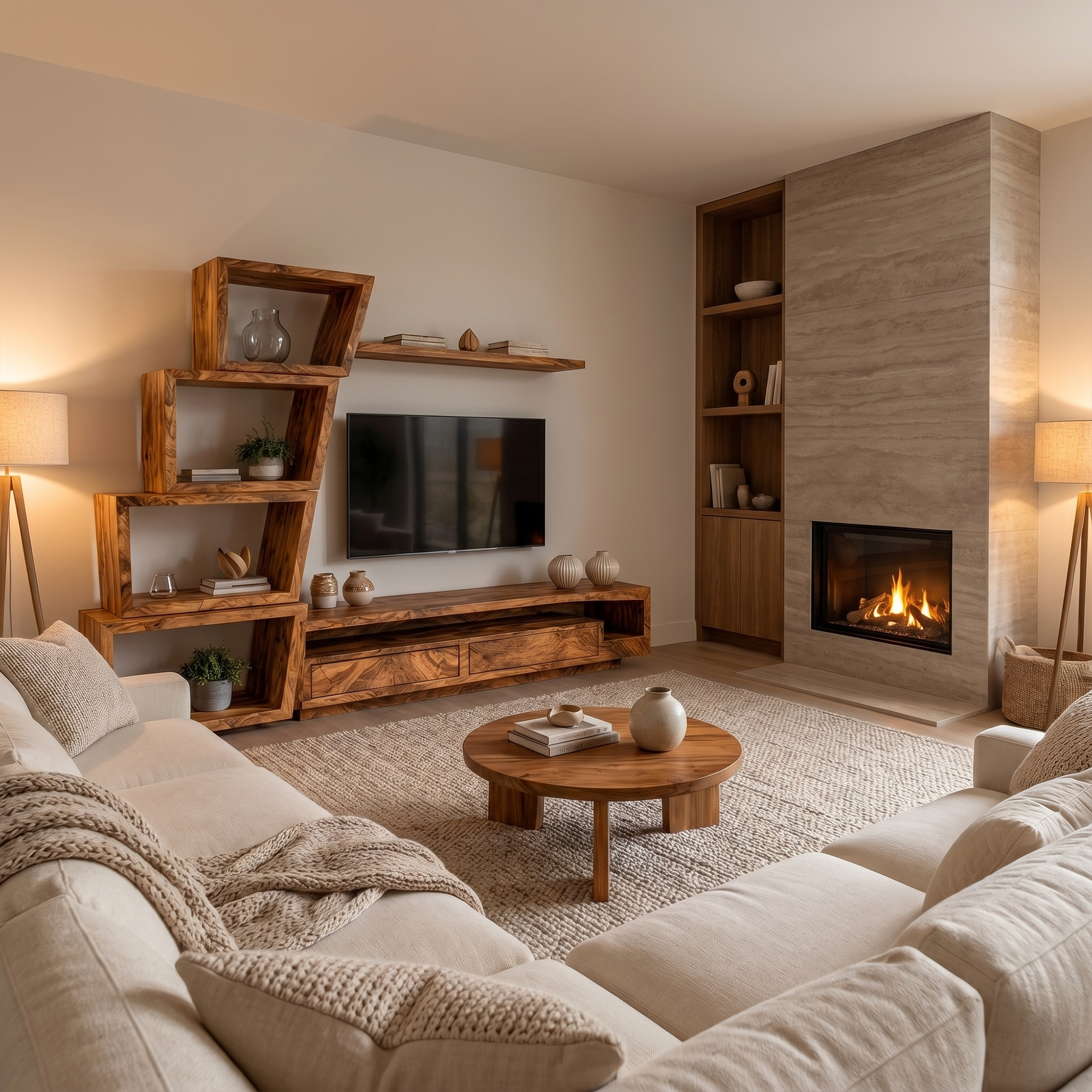 Organic TV Cabinet With Artistic Open Shelving System For Living Room