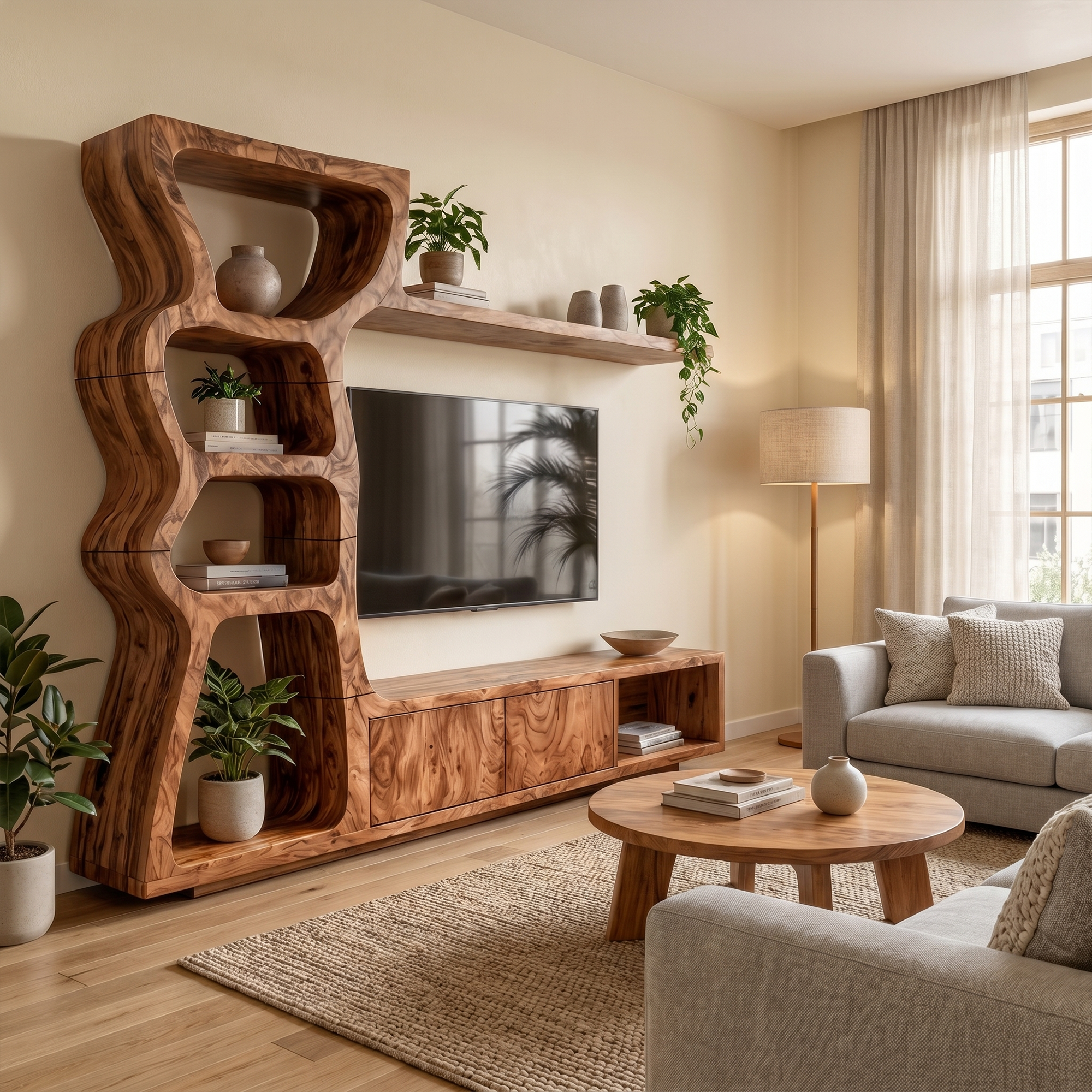 Modern TV Cabinet With Curved Built In Display Shelves For Living Room