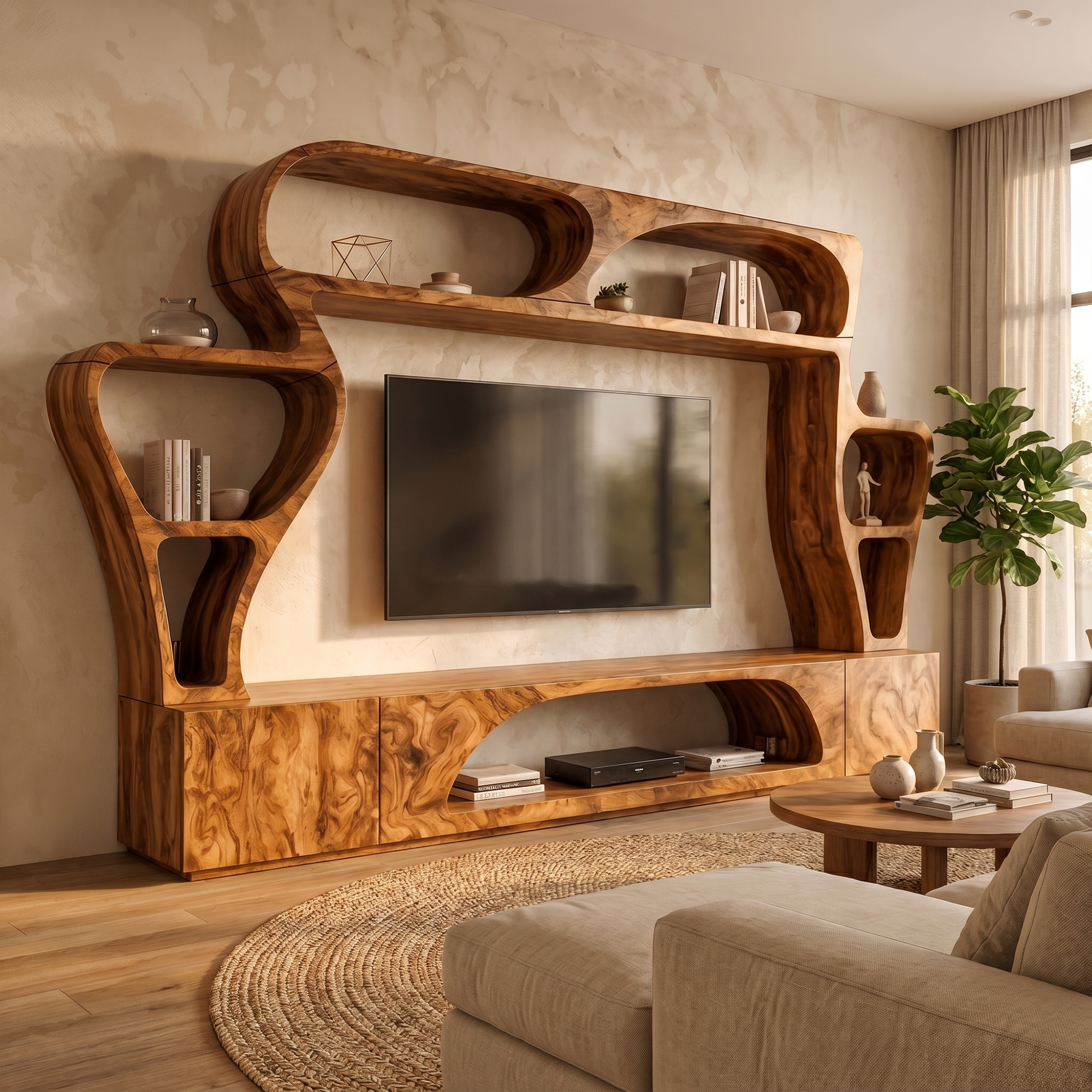 Statement TV Console With Sculptural Wall Storage System For Living Room
